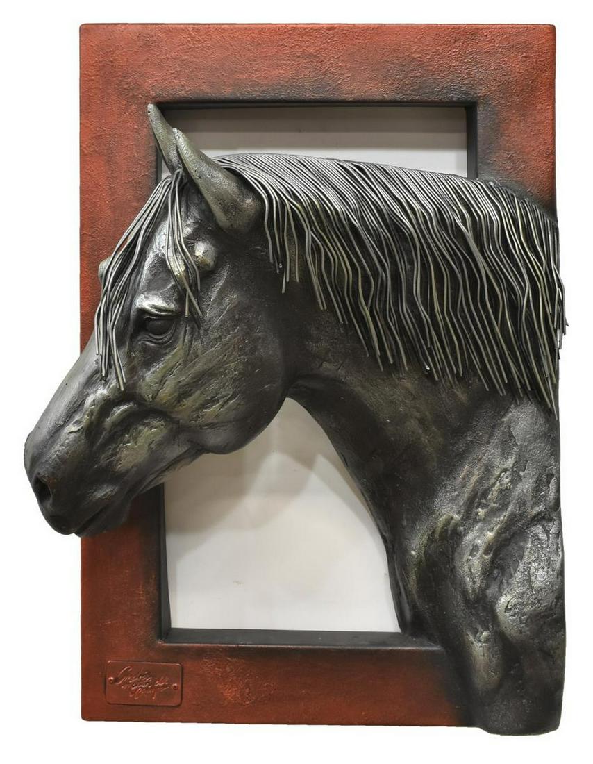 ANDRES MARTIN DEL CAMPO (B.1966) HORSE SCULPTURE: Framed three dimensional mixed media (metal, resin, fiberglass) sculpture, Black Horse, signed lower left Andres Martin del Campo (Guadalajara, Jalisco, Mexico, b.1966), approx 28.25"h, 21"w, 10.75"d,