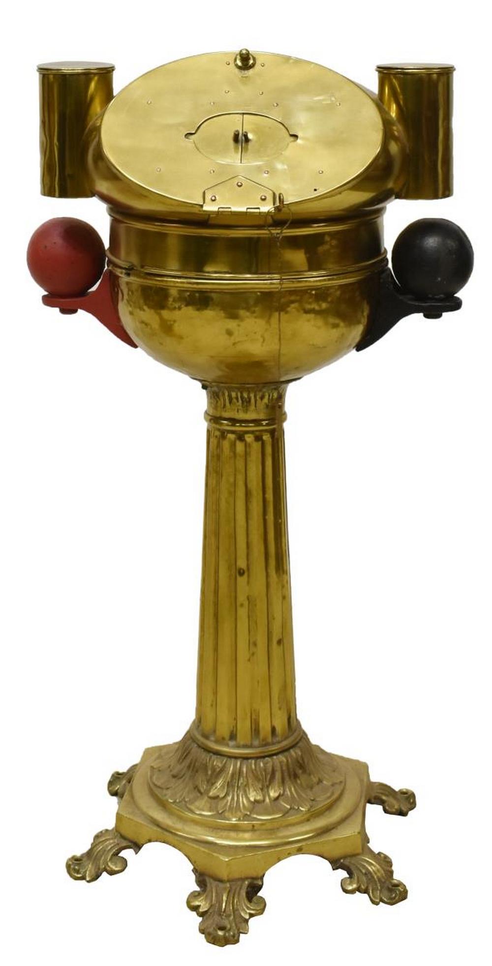 WHYTE & THOMSON BRASS & IRON SHIPS BINNACLE: Ships binnacle, by Whyte, Thomson & Co's, 96 Hope Street, Glasgow and South Shields, an upper removable dome with glass inspection door over the gimbaled compass, the dome with two tubular lamp boxes 