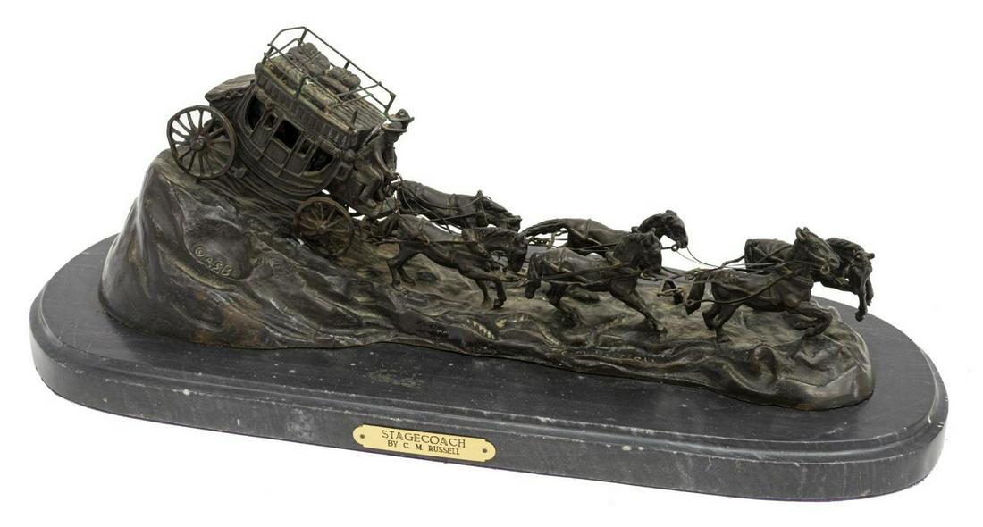 WESTERN STAGE COACH BRONZE AFTER C.M. RUSSELL: Western patinated bronze sculpture, "The Stage Coach," signed in cast after C.M. Russell (Charles Marion Russell, Montana, California, Missouri, 1864-1926), copyright ASB, presented on a marble plinth