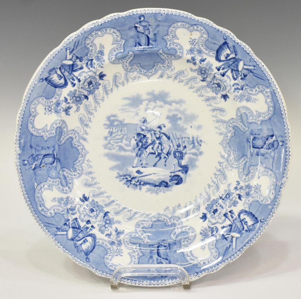 HISTORICAL STAFFORDSHIRE TEXIAN CAMPAIGNE PLATE: English Staffordshire plate, in the "Texian Campaigne" pattern, James Beech, mid 19th c., with light blue transfer printed decoration, marked underfoot, approx 10.5"diam, 1lbs Start Price: $100.00