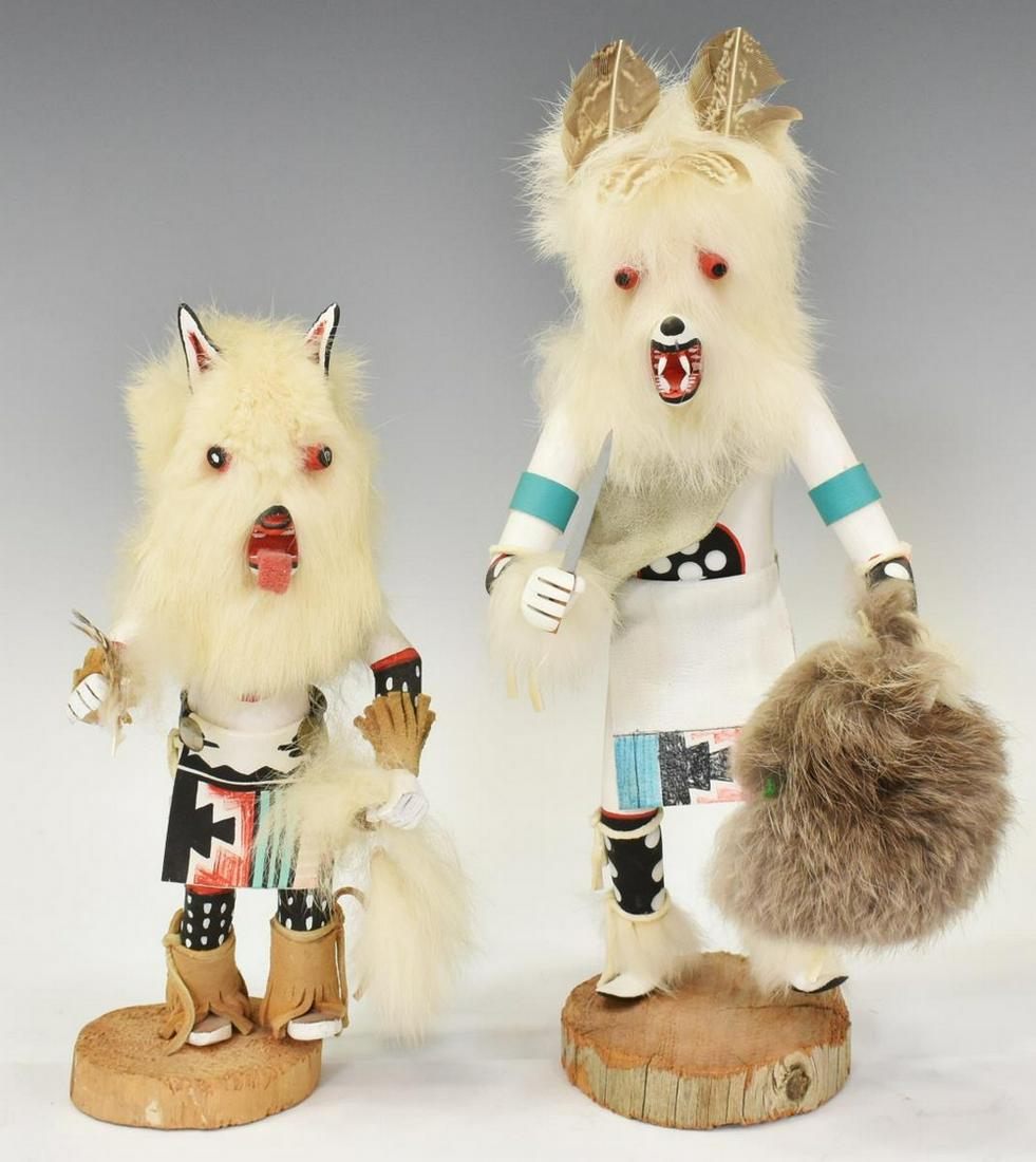 (2) NATIVE AMERICAN WOLF DANCER KACHINA DOLLS: (lot of 2) Native American Kachina dolls, Wolf Dancers, 20th c., paint decorated, with applied fur and leather garments, including: (1) signed Largo, approx 8.5"h, (1) signed Hank Brown (?), approx 11