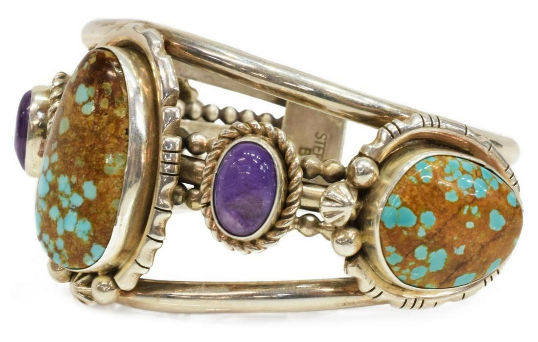 BENSON YAZZIE (NAVAJO D.2001) NO. 8 TURQUOISE CUFF: Native American sterling silver cuff bracelet, Benson Yazzie (Navajo, 1947-2001), split beaded cuff, with three large number eight mine turquoise stones, two sugalite cabochons, interior stamped sterl