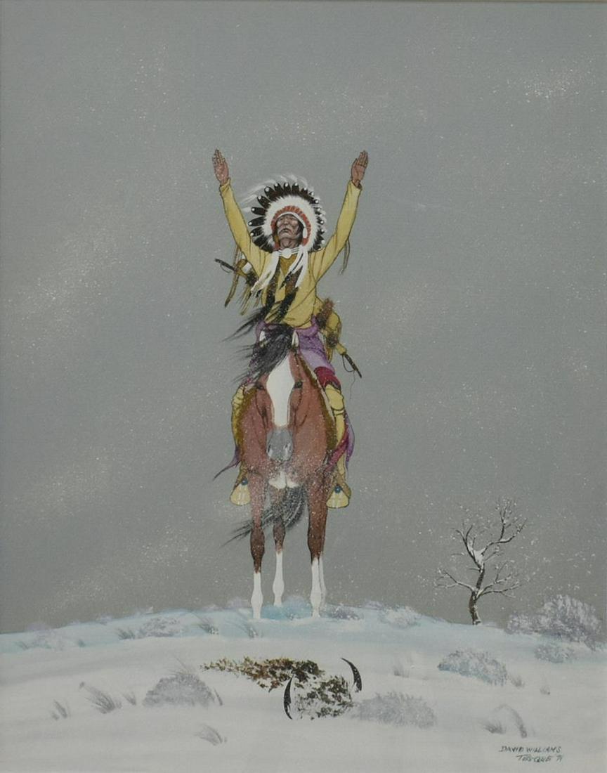 DAVID TOS-QUE WILLIAMS (1933-1985) INDIAN CHIEF: Framed gouache and tempera on paper, Thanking the Great Spirit, signed lower right David Williams Tos-que (David Emmett [Tos-que] Williams, Oklahoma, 1933-1985), dated 1971, sight: approx 19.5"h, 15.5