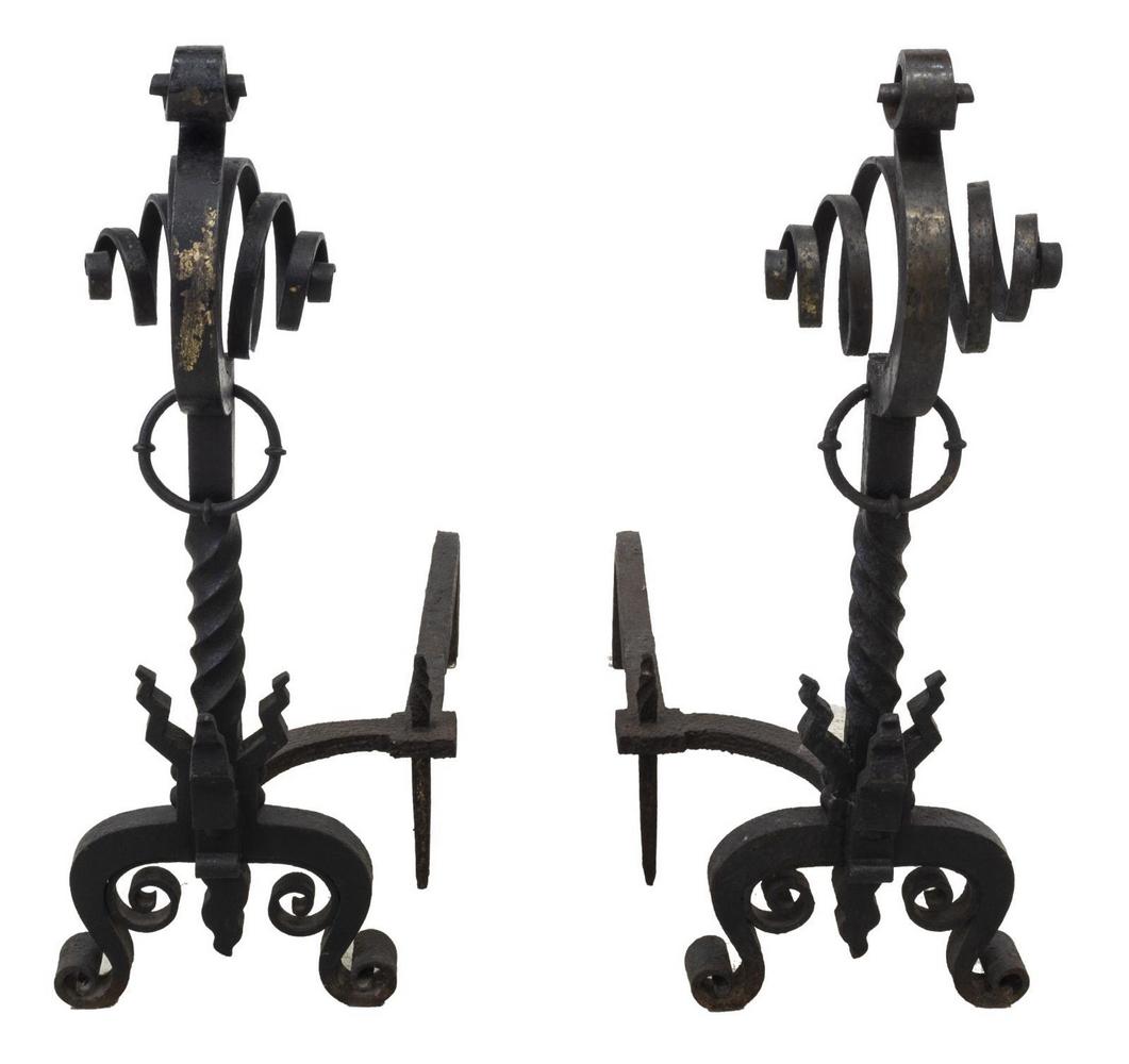 (2) HEAVY SPANISH REVIVAL HAND-FORGED ANDIRONS: (pair) Heavy Spanish Revival hand-forged iron andirons, with scrollwork and twisted standards, approx 29.5"h, 29"w, 10.25"d Start Price: $80.00