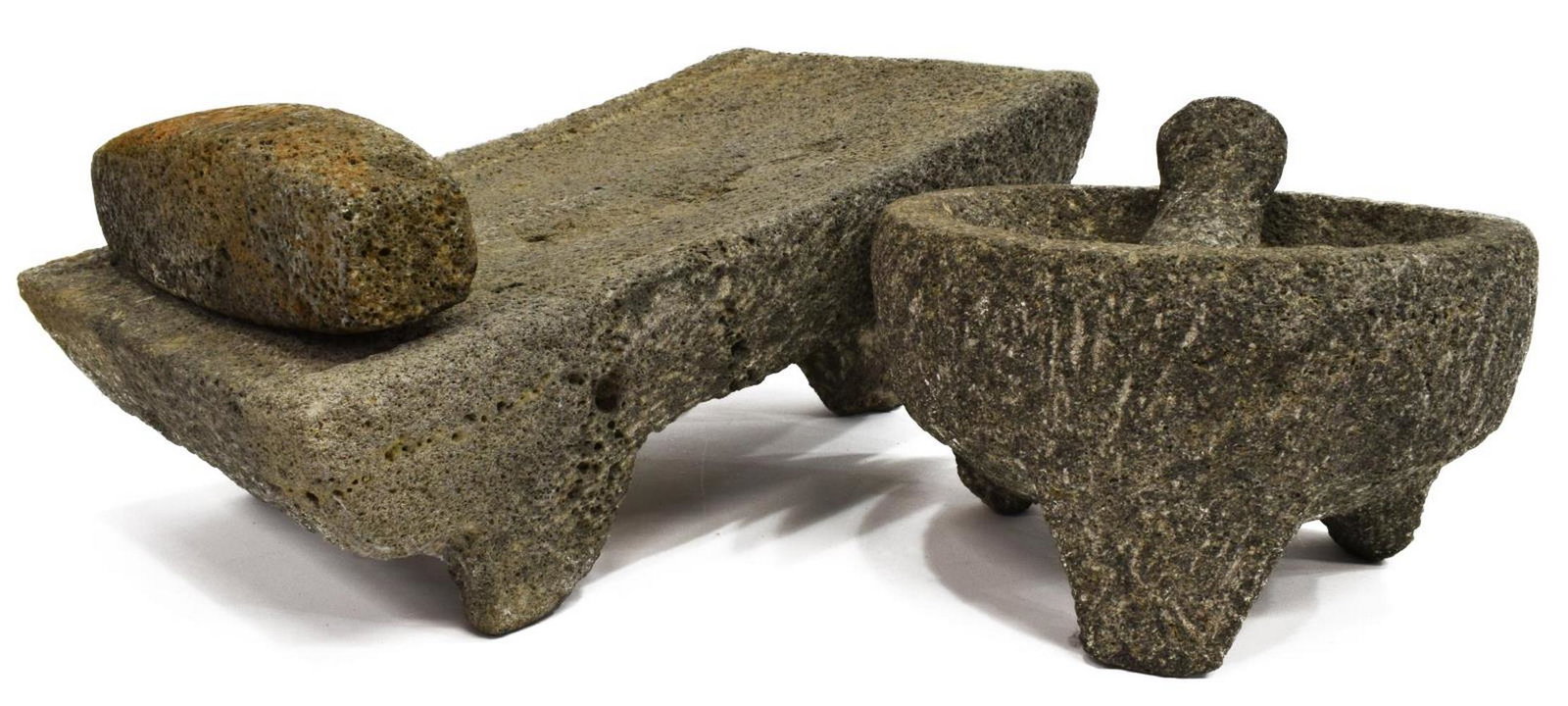 (2) SPICE & METATE GRINDING STONES, MEXICO: (lot of 2) Stone grinding tools, Mexico, including: (1) Molcajete and Tejolote spice grinding bowl, rising on three feet, approx 5.25"h, 8.5"diam, (1) Metate and Mano de Metate grinding stone, rising 
