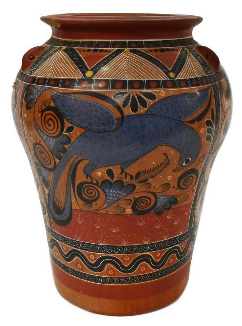 SALVADOR VASQUEZ (ATTR) HAND-PAINTED POTTERY VASE: Hand-painted pottery vase, attributed to Salvador Vasquez, Mexico, having three loop handles, in baluster form, mythical figures and foliate motifs, unsigned, chip to upper rim, approx 15.75"h, 14"dia
