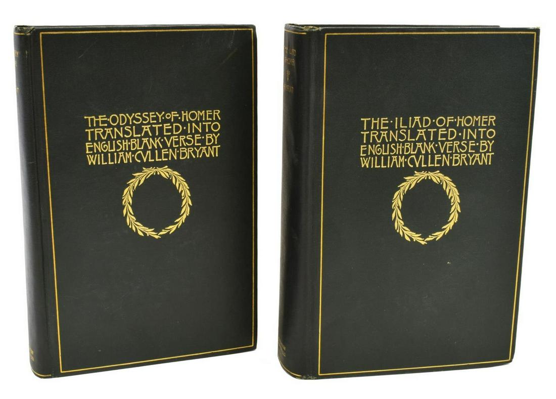 (2) BOOKS: HOMER'S ILIAD & ODYSSEY, CULLEN BRYANT: (lot of 2) Books: "The Iliad" and "The Odyssey" of Homer, translated into English blank verse by William Cullen Bryant, Houghton, Mifflin and Company, Boston, in gilt embossed green cloth bindings, bo
