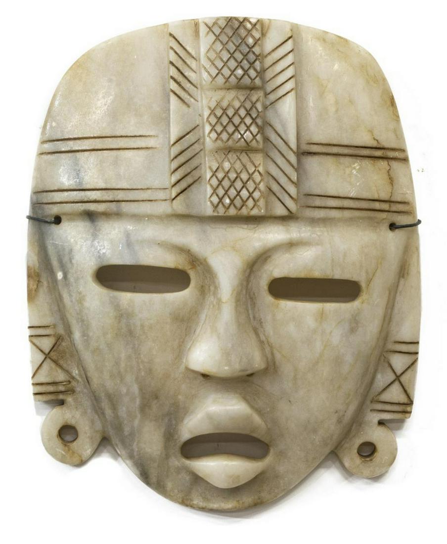 PRE-COLUMBIAN STYLE CARVED ALABASTER MASK: Pre-Columbian style carved alabaster mask, Mexico, 20th c., approx 12.5"h, 10"w, 5lbs Start Price: $50.00