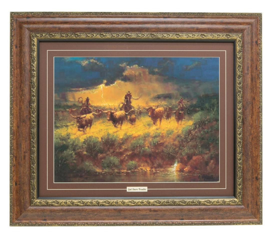 FRAMED G. HARVEY, 'GOL-DURN TROUBLE' PRINT: Framed print, "Gol-durn Trouble," after Gerald Harvey (Texas, 1933-2017), title is misspelled in frame, approx sight: 19"h, 25"w, overall 33"h, 38.5"w, 14lbs Start Price: $60.00
