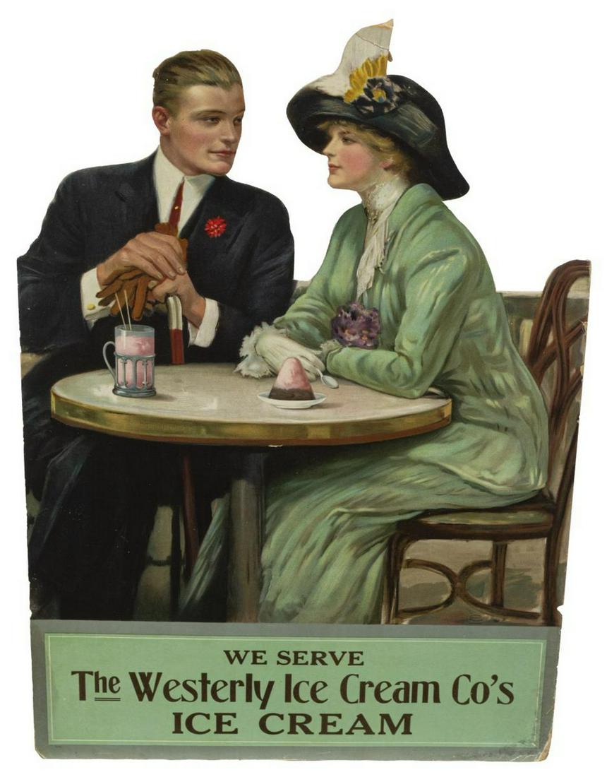 WESTERLY ICE CREAM DIE-CUT ADVERTISING STANDEE: Large die-cut advertising standee, Westerly Ice Cream, c.1912, printed by Wolf & Co., Germany, depicting a man and woman seated at a table with shake in glass mug and dish of cone ice cream, easel bac