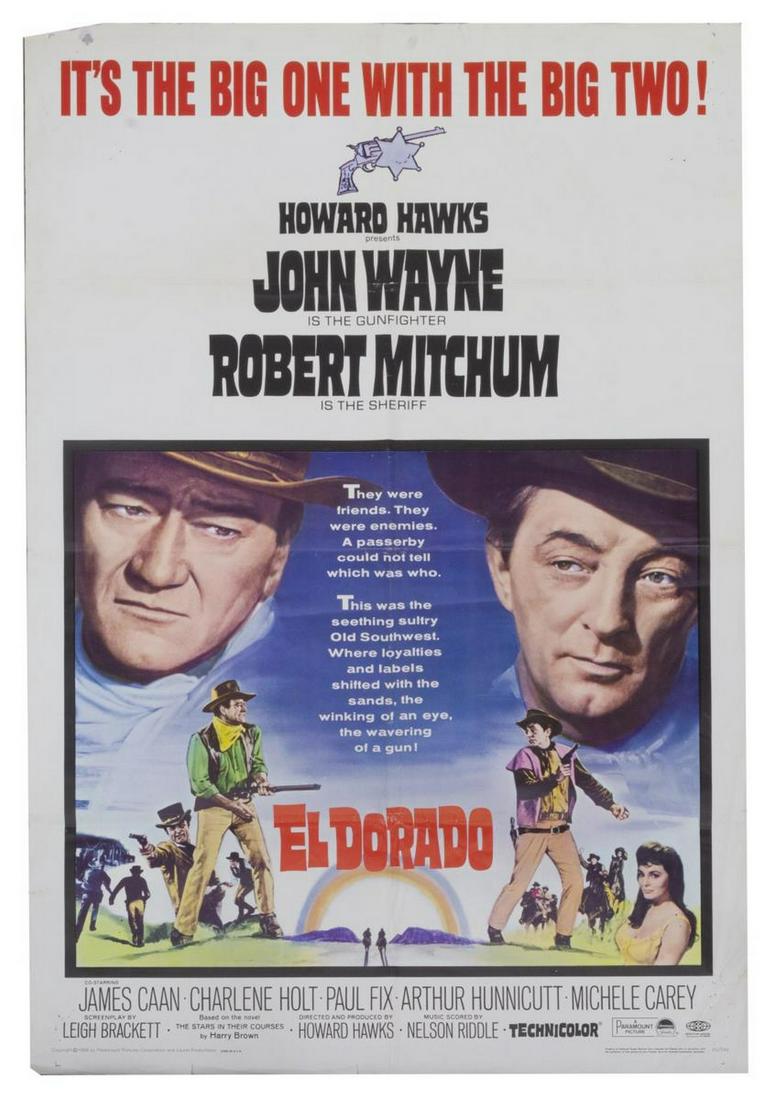 UNFRAMED ORIGINAL "EL DORADO" MOVIE POSTER: Unframed original movie poster, "El Dorado," c.1966, Paramount Pictures, starring John Wayne and Robert Mitchum, numbered 66/249 in lower right corner, creasing to sheet, tears along edges, small punc