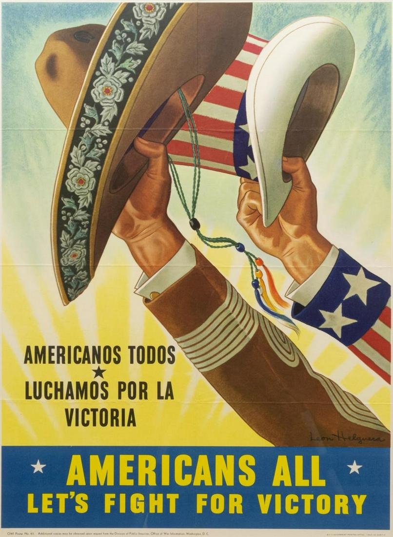 LEON HELGUERA WWII US & MEXICO PROPAGANDA POSTER: World War II propaganda poster, behind glass, "Americans All: Let's Fight for Victory," mid 1940s, signed in print lower right Leon Helguera (Mexico, 1899-1970), for the Office of War Information (OWI