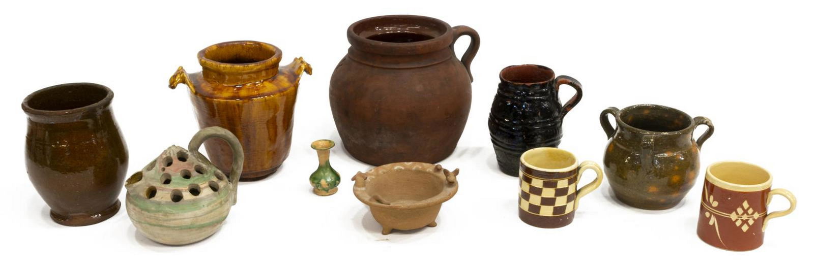 (10) COLLECTION STONEWARE & REDWARE POTTERY: (lot of 10) Collection of redware and stoneware pottery vessels, 19th/ 20th c., highlights include: (1) small swirled clay pot, marked underfoot Fort Ticonderoga, New York, with loop handle, spout, ho