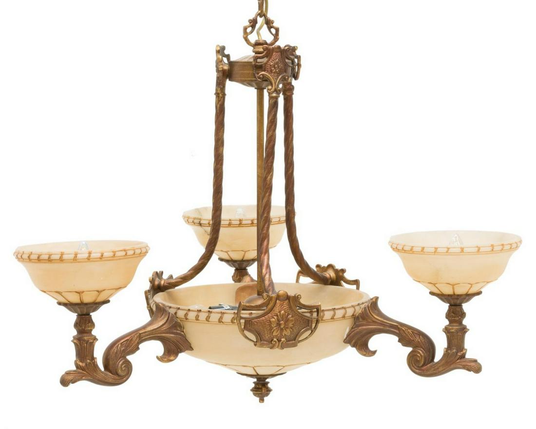 ART DECO COPPER-TONE SIX-LIGHT CHANDELIER: Art Deco six-light chandelier, the copper-tone body supporting center faux alabaster bowl shaped shade encasing three lights, with three additional shaded lights supported by three arms of foliate and