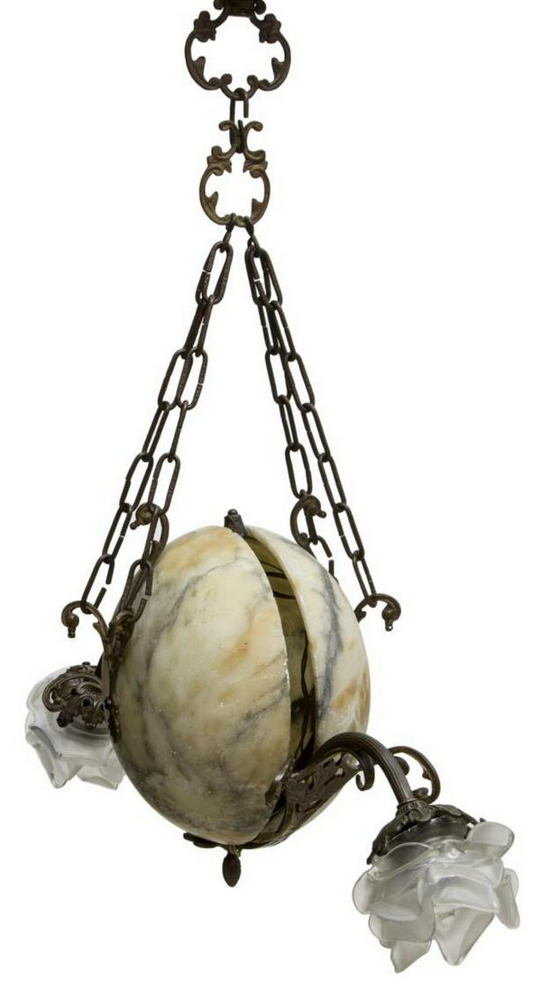 CONTINENTAL ALABASTER THREE-LIGHT CHANDELIER: Continental alabaster and metal three-light chandelier, having foliated ceiling cap, hung with four chains, support two, half-moon alabaster shades, scrolled metal arms ending in rose-shaped frosted g