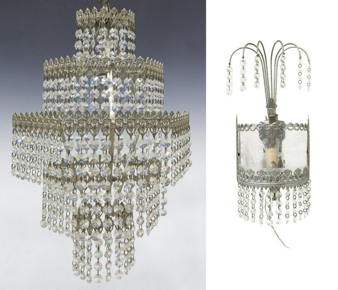(2) ITALIAN SILVER-TONE METAL LIGHTING GROUP: (lot of 2) Italian silver-tone metal and crystal lighting group, 20th c., in need of wiring, including: (1) ceiling light, having five tiers with openwork bands, hung with prisms, single hanging light