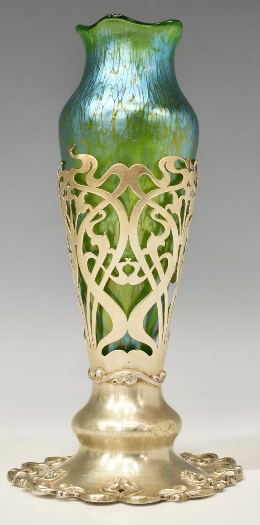 LOETZ CRETE PAPILLON GLASS VASE IN STERLING MOUNT (1 of 3)