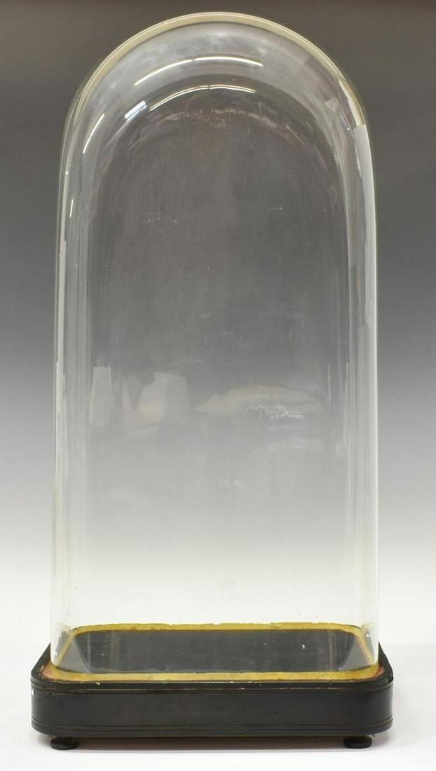 GLASS CLOCK CLOCHE DOME ON EBONIZED BASE: Glass cloche dome, 19th c., on an ebonized wood base, veneer loss, approx 25"h, 12"w, 8"d Start Price: $150.00