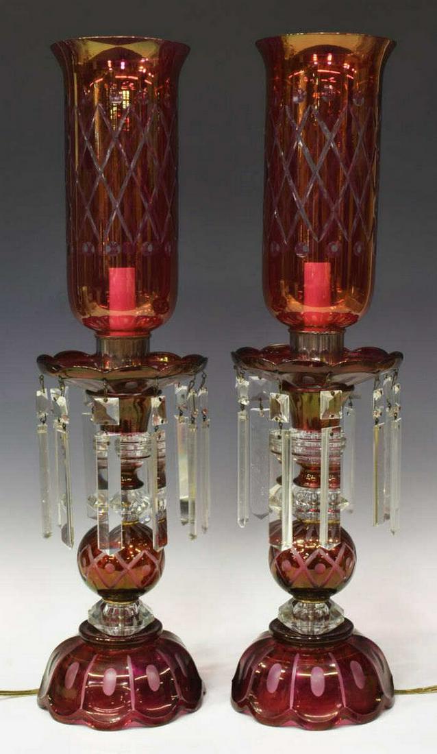 (2) CRANBERRY FLASH GLASS HURRICANE TABLE LAMPS (1 of 2)