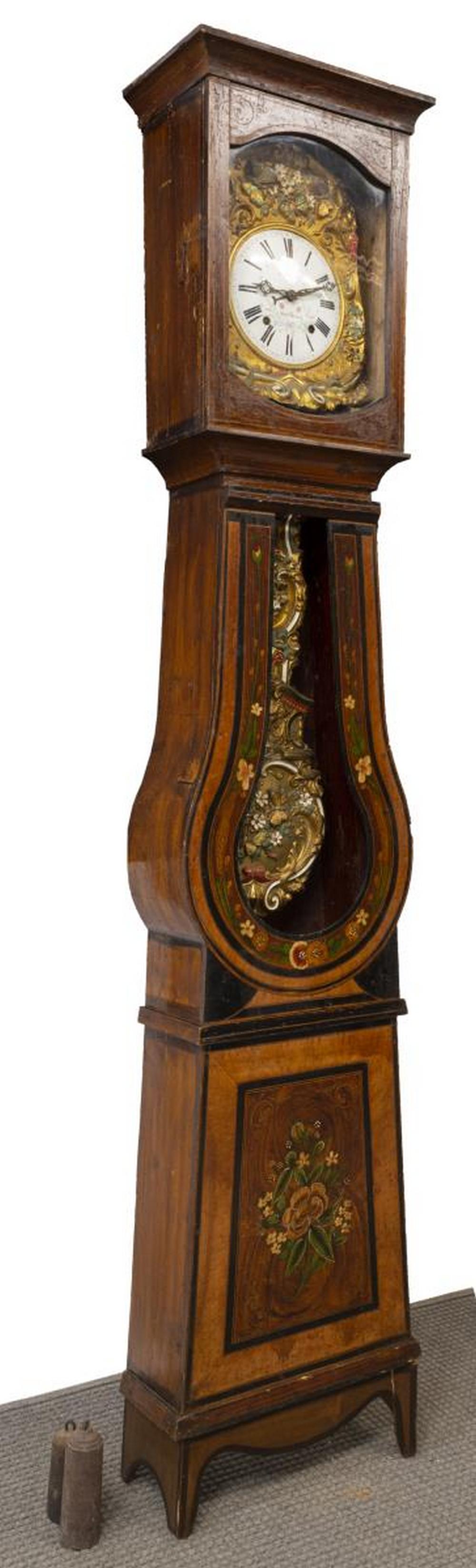 FRENCH PROVINCIAL PINE MORBIER LONG CASE CLOCK (1 of 4)