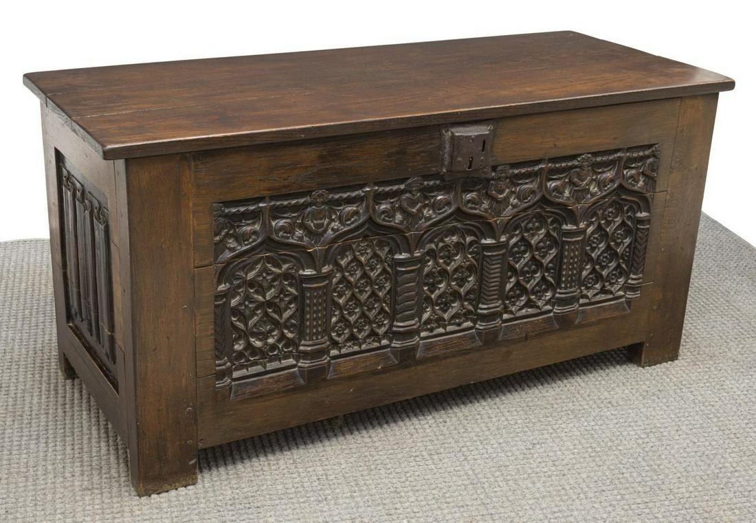 FRENCH GOTHIC REVIVAL TRACERY CARVED OAK TRUNK (1 of 4)