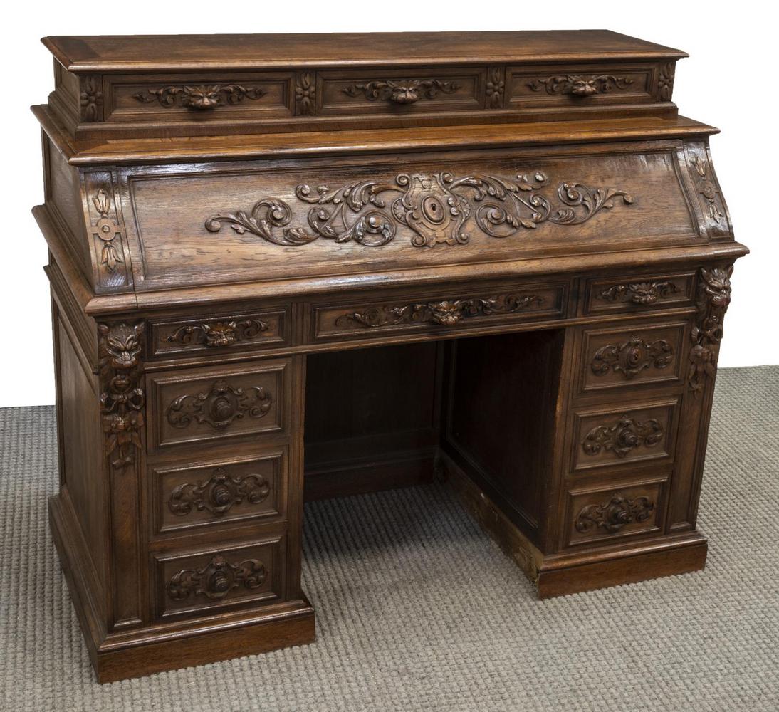 FRENCH HENRI II STYLE CARVED OAK FALL FRONT DESK (1 of 5)