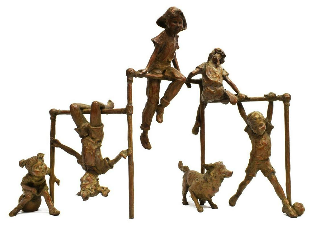 JANE DEDECKER BRONZE JUNGLE GYM SCULPTURE CA.1998: Patinated bronze sculpture, Jungle Gym, signed lower right to back DeDecker (Jane DeDecker, Colorado, Iowa, b.1961), dated 1998, numbered 8/ 31, five children and one dog, in various positions, approx