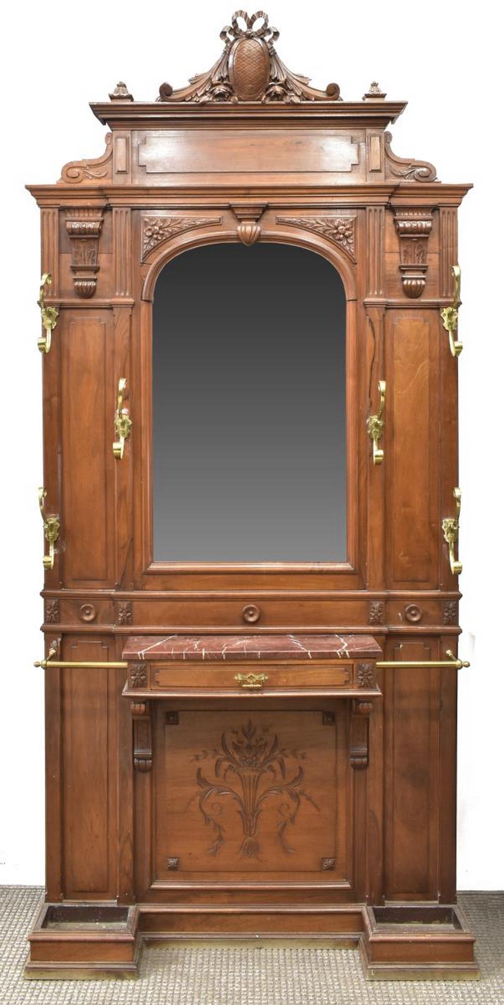 FRENCH HENRI II STYLE CARVED WALNUT HALL TREE (1 of 4)