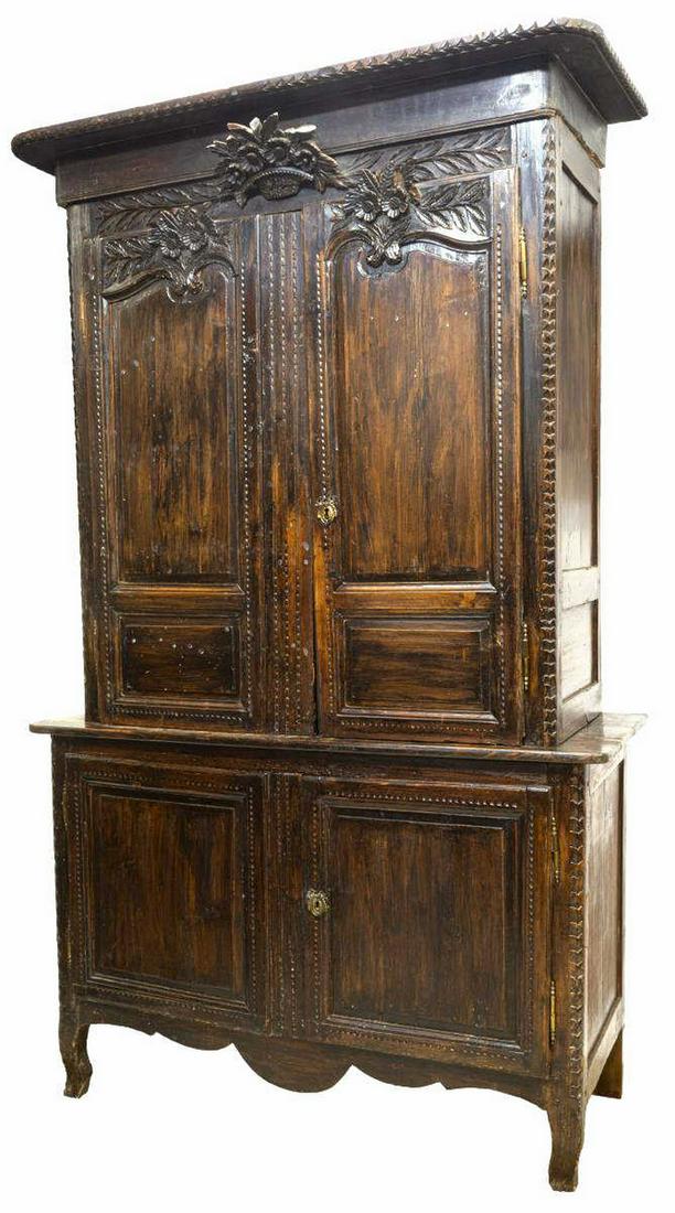 FRENCH PROVINCIAL CARVED OAK DEUX CORPS CABINET (1 of 4)