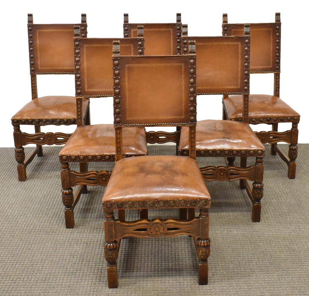 (6) FRENCH CARVED OAK & LEATHER DINING CHAIRS (1 of 2)