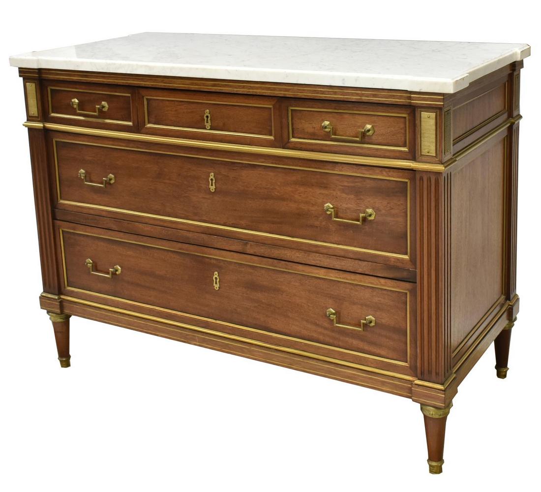 FRENCH LOUIS XVI STYLE MARBLE-TOP MAHOGANY COMMODE: French Louis XVI style marble-top mahogany commode, 20th c., the marble top with protruding front corners, three frieze drawers over two long drawers, with gilt metal inlay, rising on tapered legs, ma