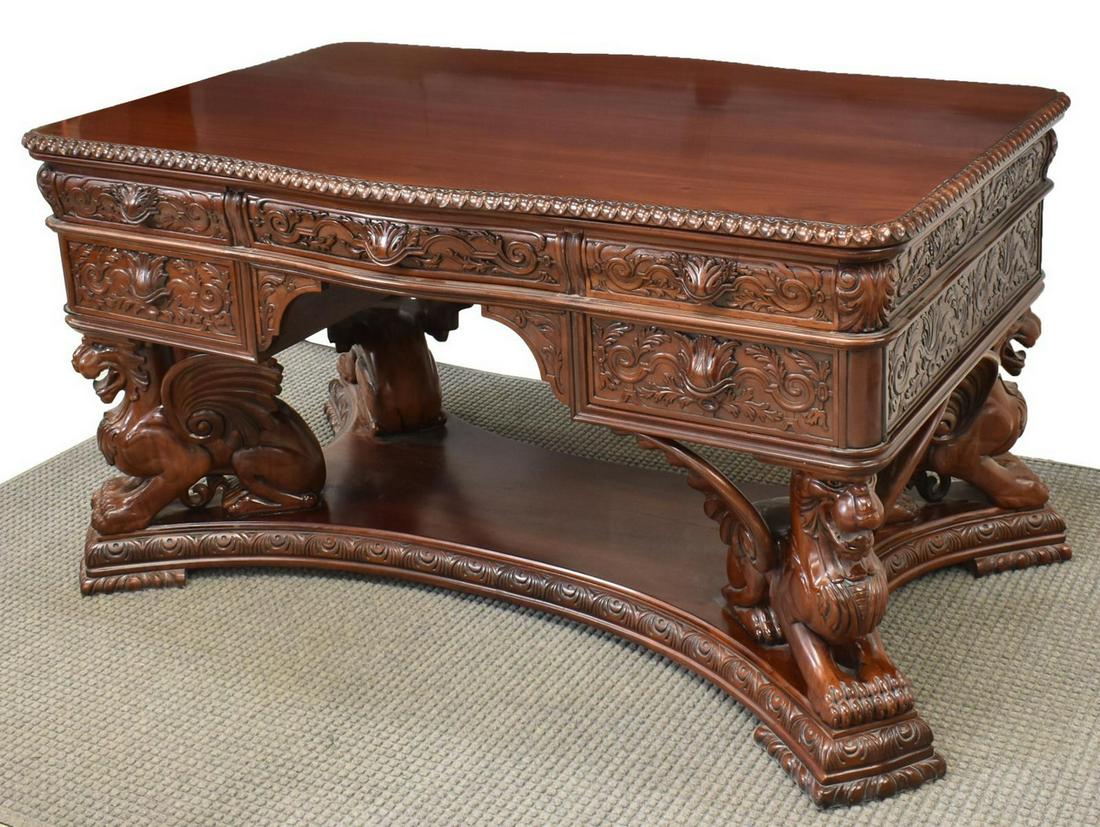 ORNATE HAND-CARVED MAHOGANY GRIFFIN PARTNERS DESK (1 of 7)