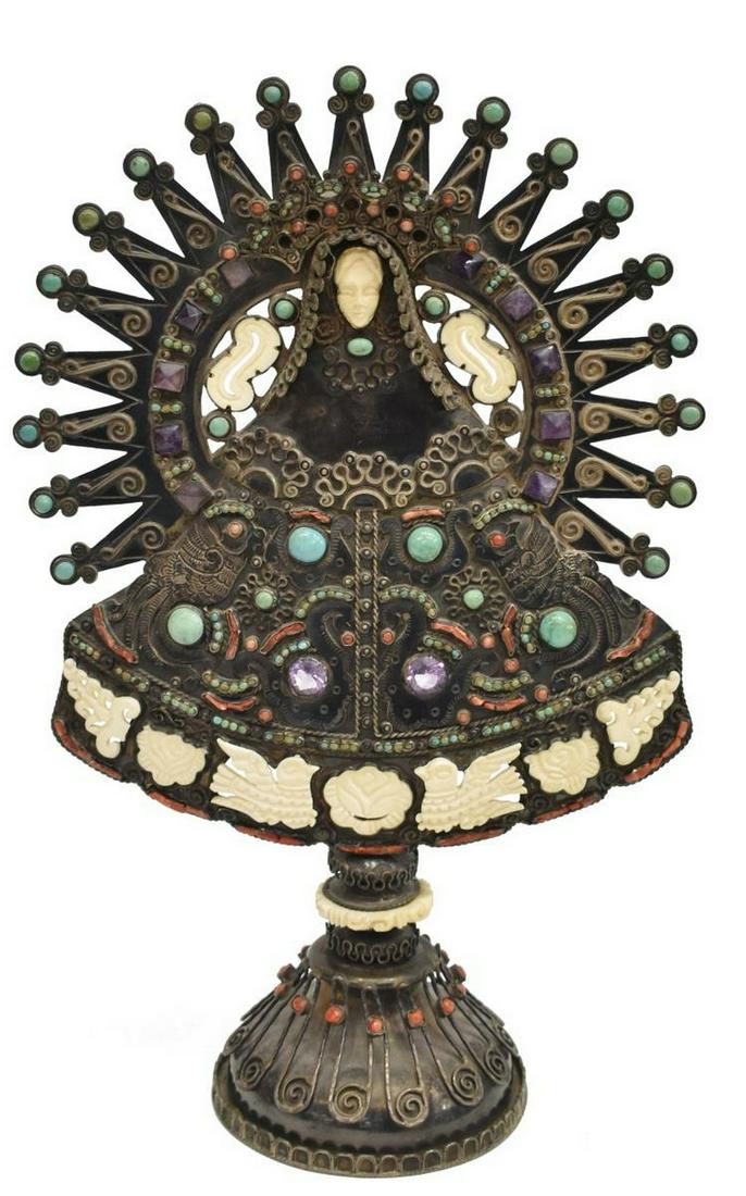 MATILDE POULAT JEWELED STERLING SILVER MADONNA: Spanish Colonial style sterling silver figure, The Virgin of Remedios, Mexico, mid 20th c., signed at verso Matl (Matilde Poulat, d.1960), Salas (Ricardo Salas, 20th c.), radiating halo accented with