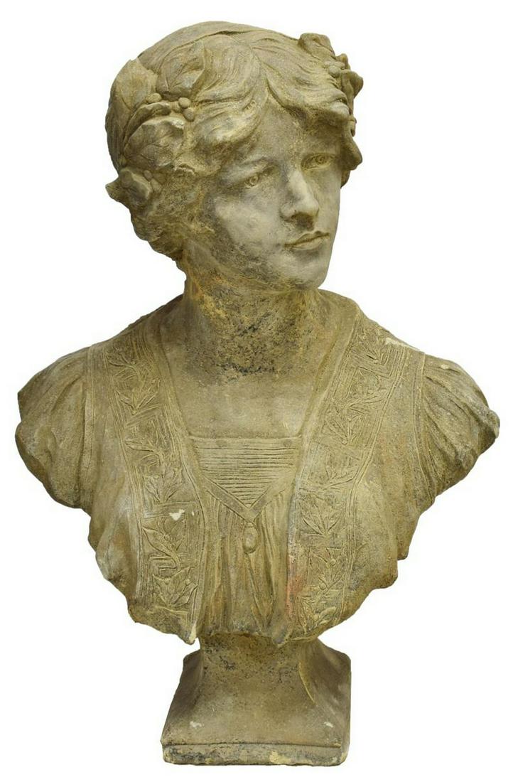 CAST STONE BUST, WOMAN W/ CROWN OF LEAVES (1 of 3)