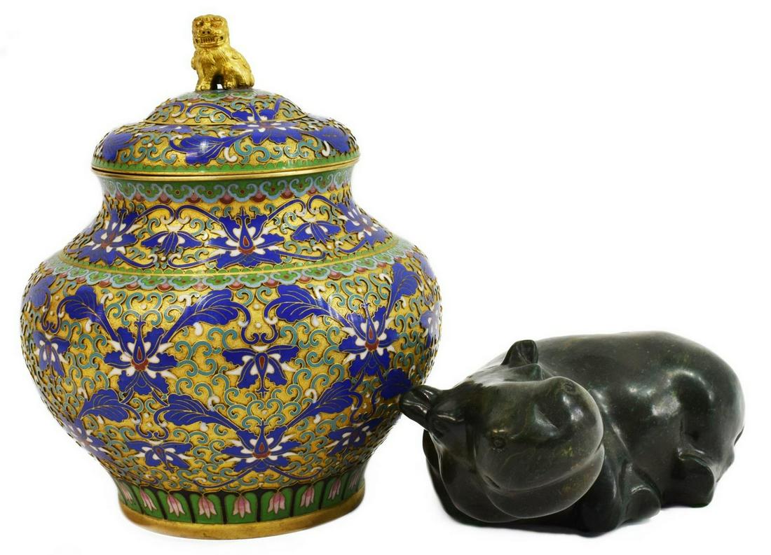 (2) CHINESE CHAMPLEVE ENAMEL URN & STONE HIPPO: (lot of 2) Decorative objects, including: (1) Chinese champleve enamel lidded urn, with foo lion finial, body with floral motifs, approx 8.75"h, 7"diam, (1) carved green stone Hippopotamus figure, app