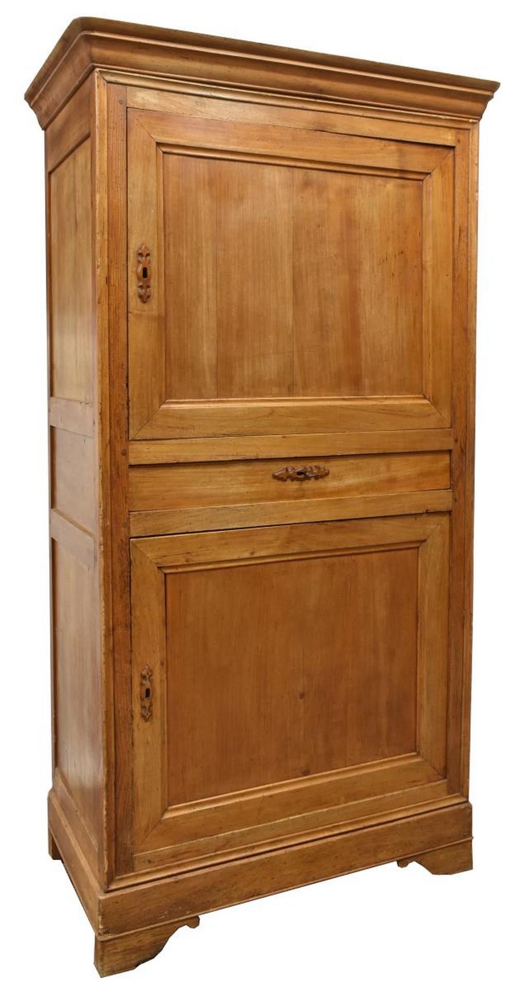 FRENCH LOUIS PHILIPPE PERIOD WALNUT BONNETIERE: French Louis Philippe period walnut bonnetiere, mid 19th c., having cornice top, over corresponding case, fitted with double cabinet doors, opening to shelved interior and middle drawer, approx 81"h, 