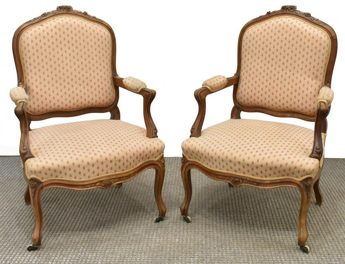 (2) FRENCH LOUIS XV STYLE WALNUT FAUTEUILS (1 of 2)