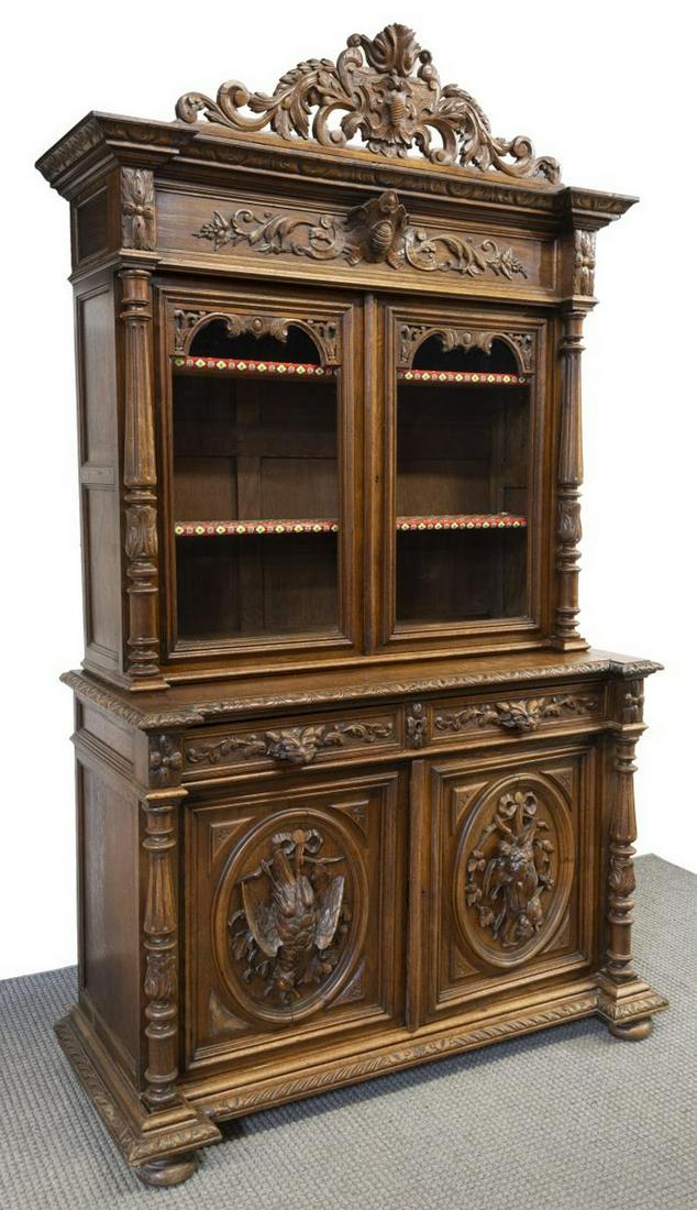 FRENCH HENRI II STYLE CARVED OAK HUNT CABINET (1 of 4)