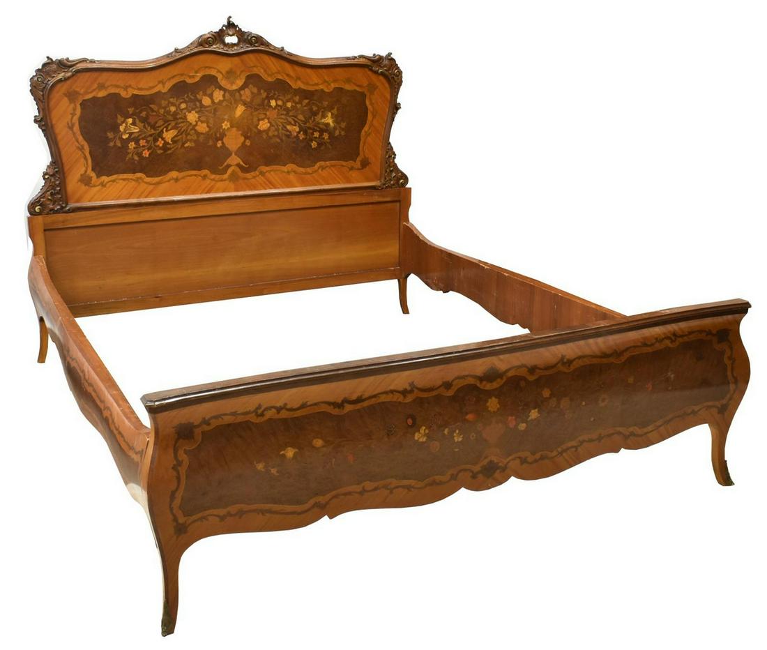 ITALIAN MAGGIOLINI STYLE POLYCHROME MARQUETRY BED: Italian polychrome marquetry bed, 20th c., in the manner of Giuseppe Maggiolini (Italy, 1738-1814), open carved crest to headboard, having inset burled panels, scrolling foliate carving to frame, all 