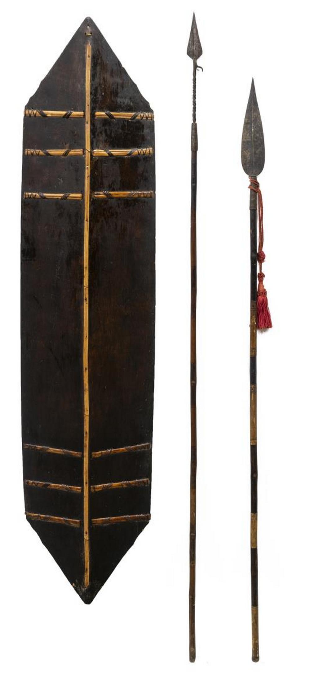 (3) OCEANA WOOD SHIELD ON STAND & TRIBAL SPEARS (1 of 3)