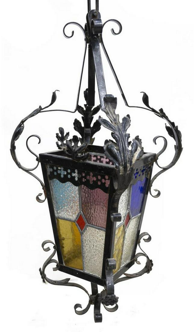 FRENCH IRON & STAINED-GLASS HANGING LANTERN (1 of 1)