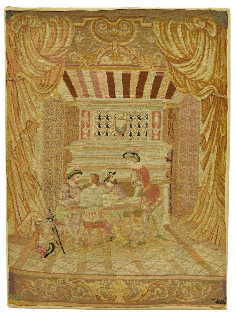 FRENCH WOOL NEEDLEPOINT COURTLY SCENE TAPESTRY (1 of 2)
