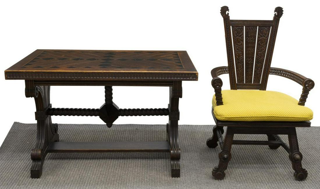 (2) ENGLISH CARVED OAK WRITING TABLE & CHAIR (1 of 5)