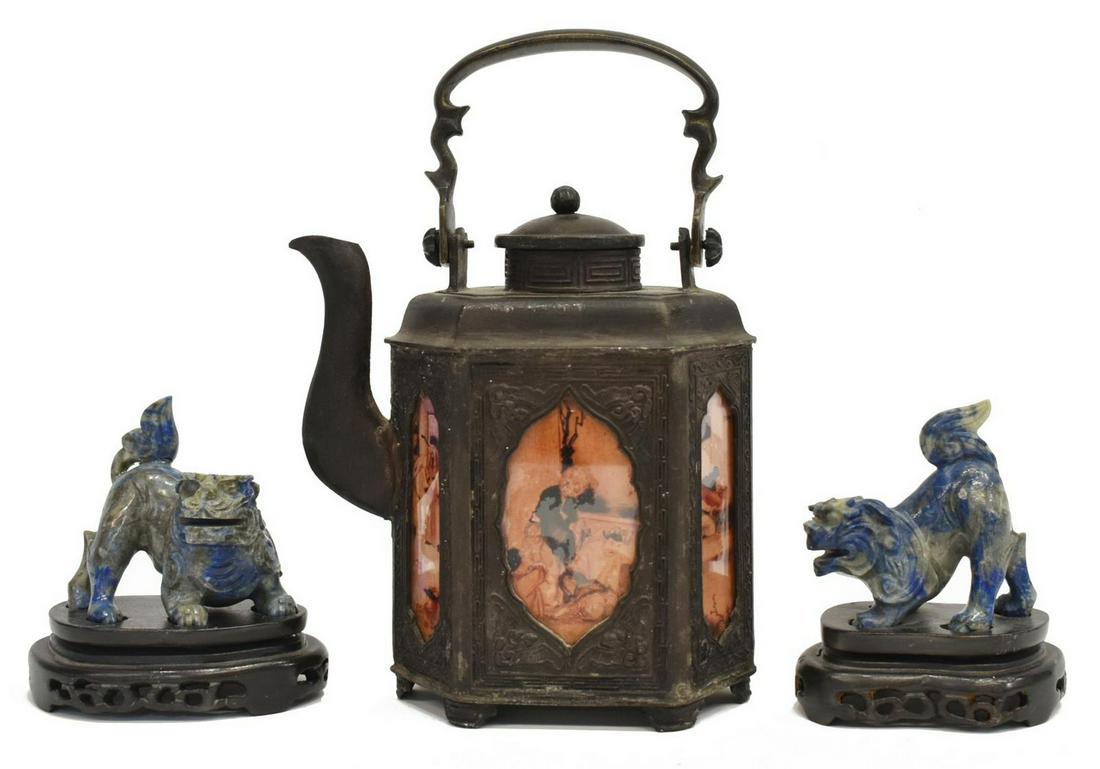(3) CHINESE CARVED LAPIS FOO LIONS & BRONZE TEAPOT (1 of 3)