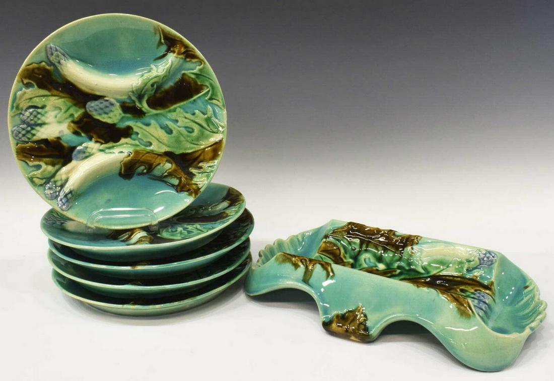 (6) FRENCH MAJOLICA ASPARAGUS CRADLE & PLATES (1 of 4)