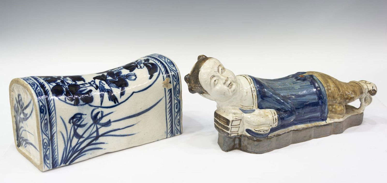 (2) CHINESE FIGURAL & FLORAL GLAZED NECK PILLOWS (1 of 4)
