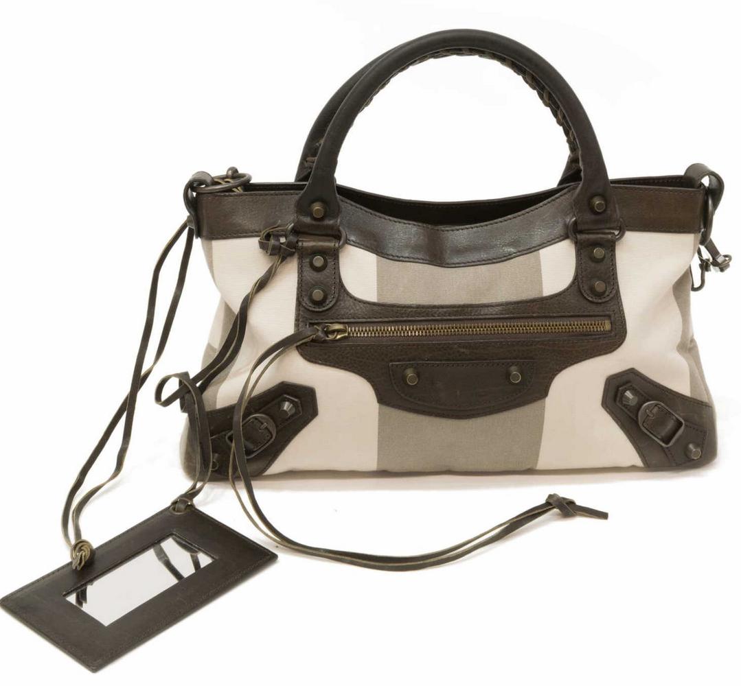 BALENCIAGA 'MOTOCROSS' STRIPED CANVAS HANDBAG: Balenciaga "Motocross" handbag, in striped canvas, with brass hardware, leather trim, dual rolled handles with stitched accent, zip closure at top, over an exterior zipper pocket, lined interior with 
