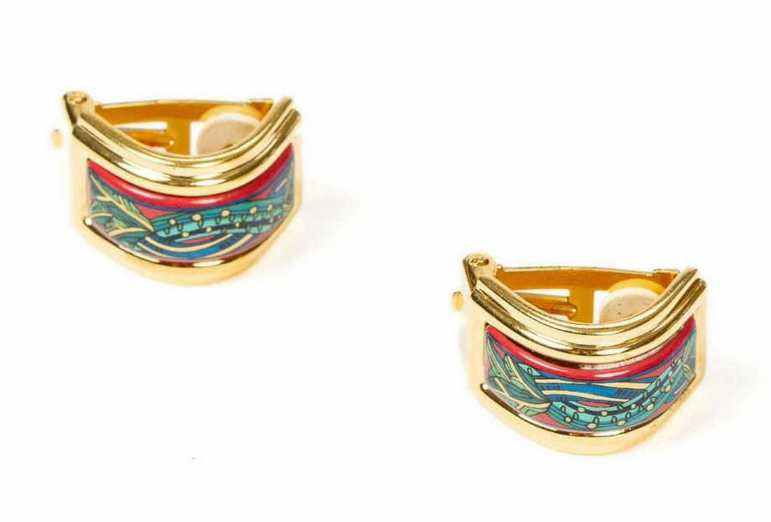 HERMES GOLD-TONE ENAMEL CLIP-ON EARRINGS (1 of 2)