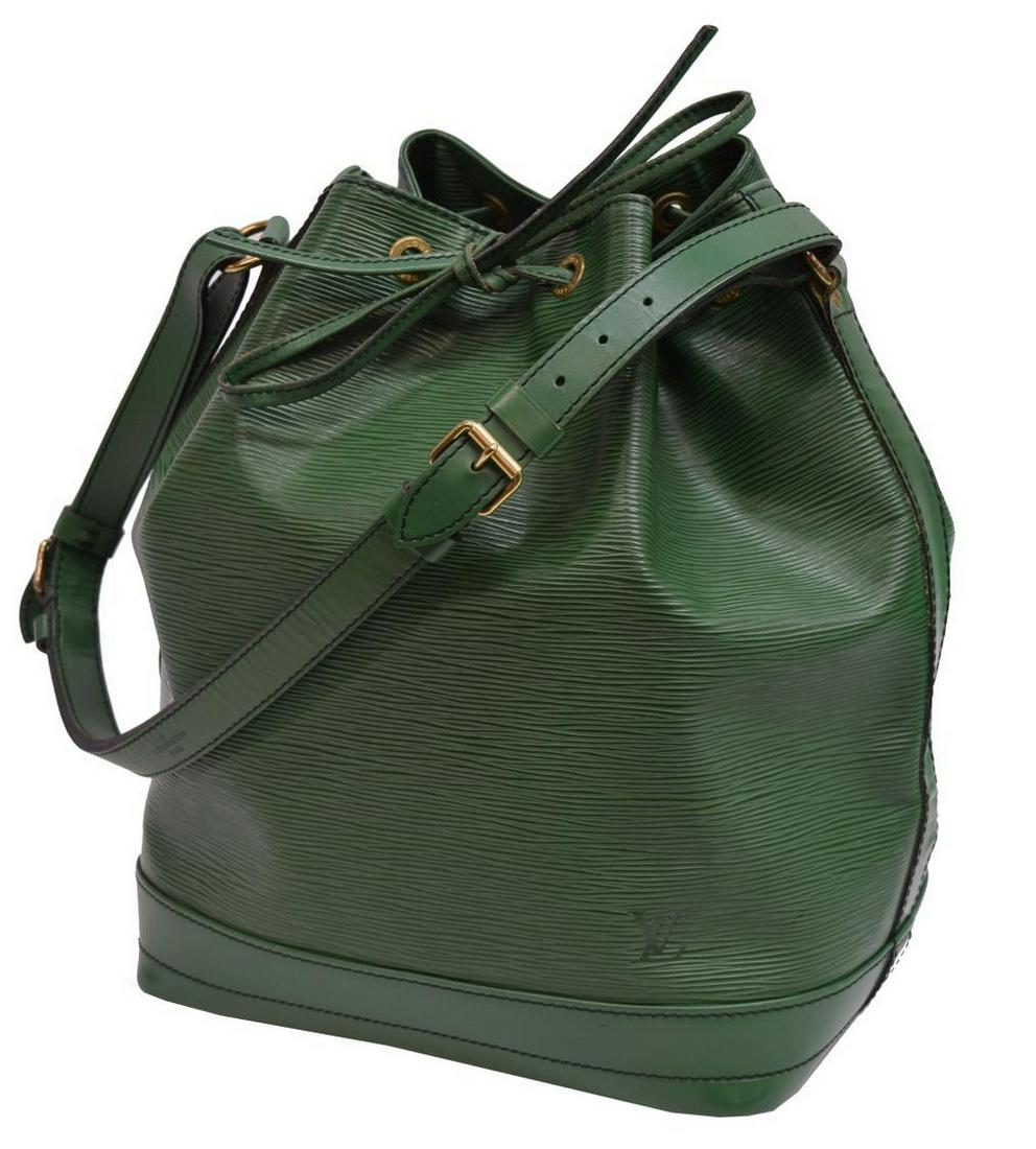 LOUIS VUITTON 'NOE' GREEN EPI LEATHER BUCKET BAG: Louis Vuitton "Noe" bucket bag, in green Epi leather with black stitching, with tonal leather accents, and brass hardware, adjustable shoulder strap, drawstring closure, black Alcantara lining, single