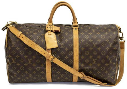 LOUIS VUITTON KEEPALL BANDOULIERE MONOGRAM DUFFLE: Louis Vuitton "Keepall 55 Bandouliere" travel duffle bag, in brown and tan monogram coated canvas, with brass hardware, tan vachetta leather trim, detachable flat shoulder strap, dual rolled handles,